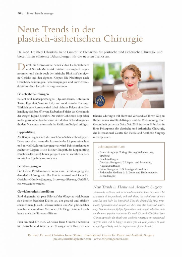Aus der Presse ... Plastische Chirurgin in München, Dr. Med. Christina Günter